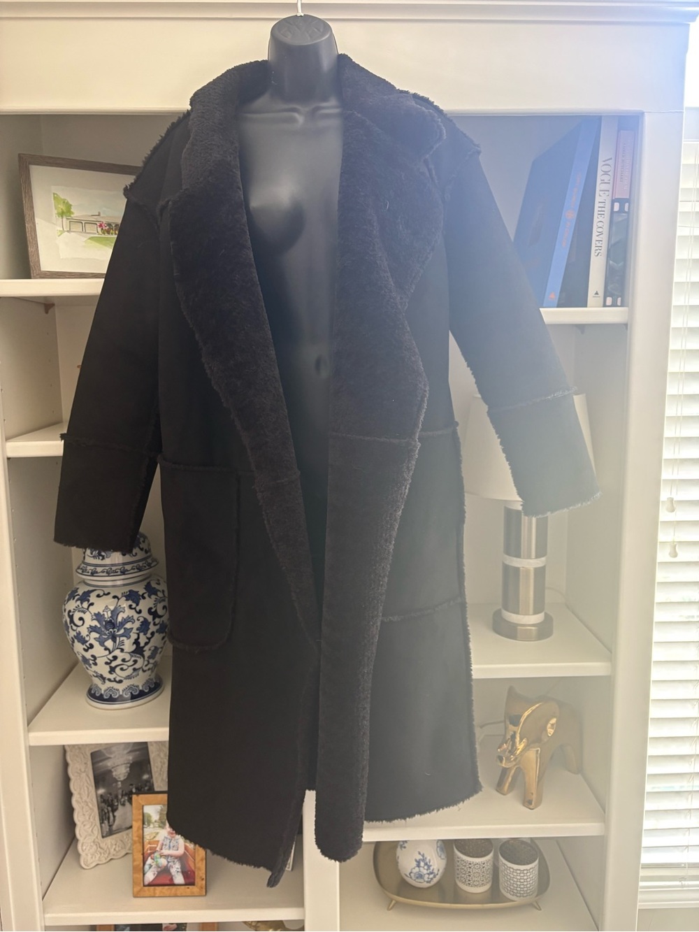Bernardo Black Shearling-Trim Long Coat